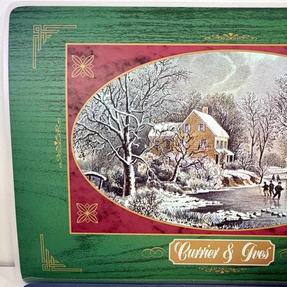 VTG Bright of America Currier & Ives Christmas Placemats Reversible USA Set/4